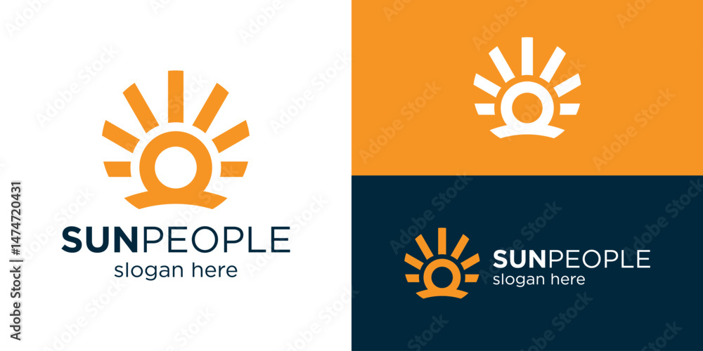 Fototapeta premium Creative simple sun people logo template. Abstract people with sun logo design vector illustration.