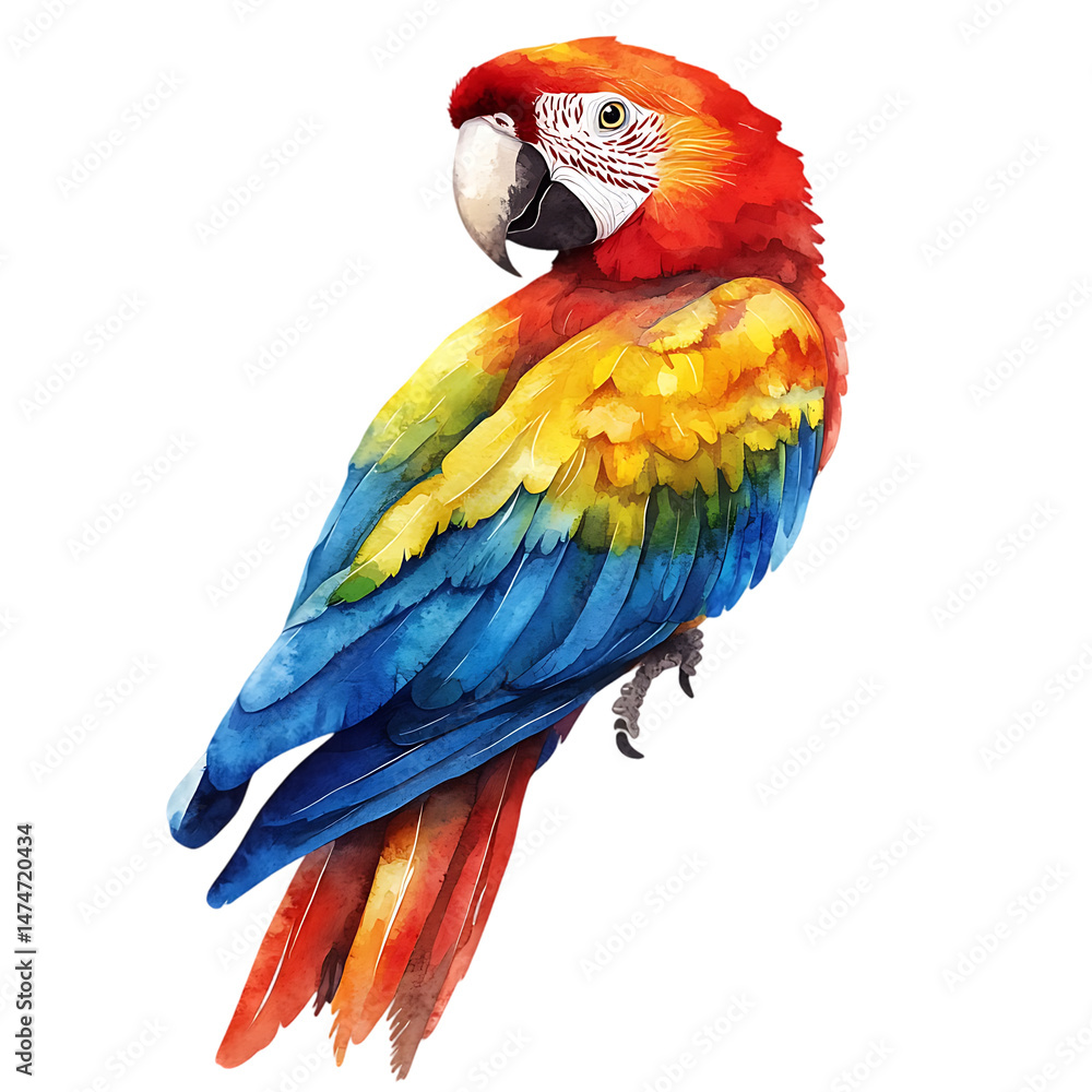 Fototapeta premium Detailed digital illustration of a macaw, showcasing the vibrant hues and textures of its plumage. The bird is presented in profile view against a dark backdrop with a splash of color.