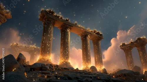 ancient pillars illuminated by warm light in a dreamy setting, with the ruins bathed in a magical glow. The structures stand against a background of clouds and celestial elements.