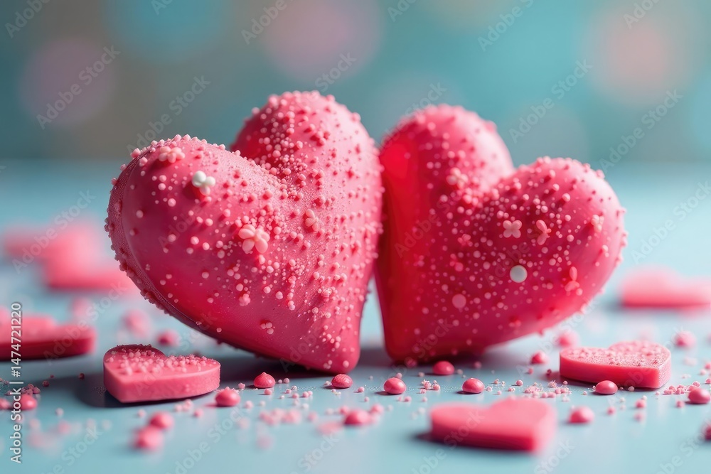 Obraz premium Close-up of two intertwined hearts, candy-colored, romantic setting , pink, pair, sweet