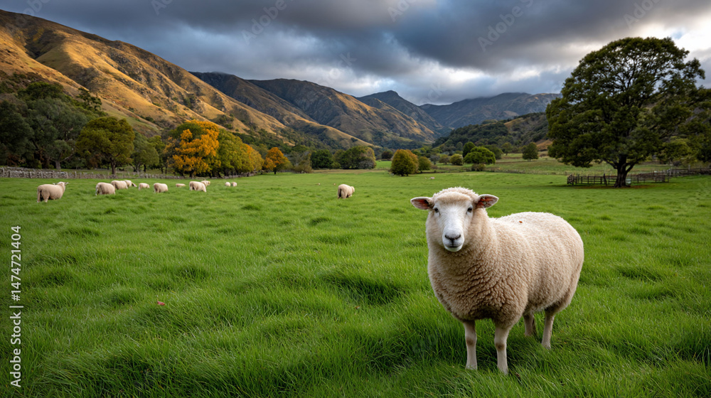 Fototapeta premium Sheep stands in field, gazing forward. Mountains, trees, and cloudy sky backdrop