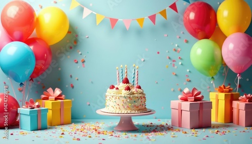 Colorful birthday party decorations, balloons, cake, presents, confetti, streamers , festive background, pastel