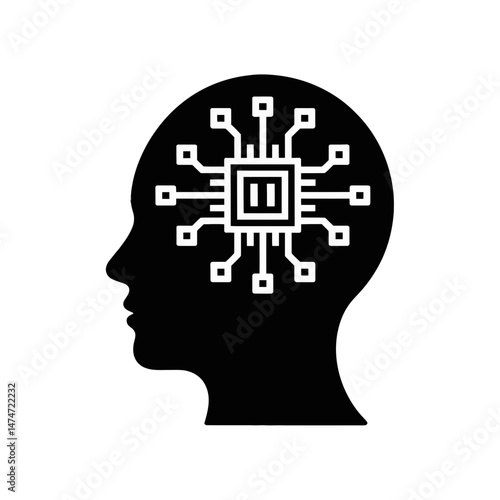 A silhouette of a human head contains a microchip at its center, symbolizing the concept of artificial intelligence or technology integration with the mind.