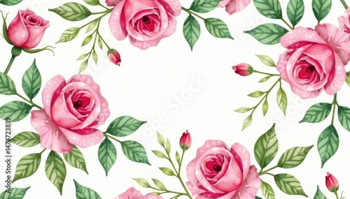 Delicate watercolor roses, lush green leaves, seamless repeat , fabric, background pattern, background