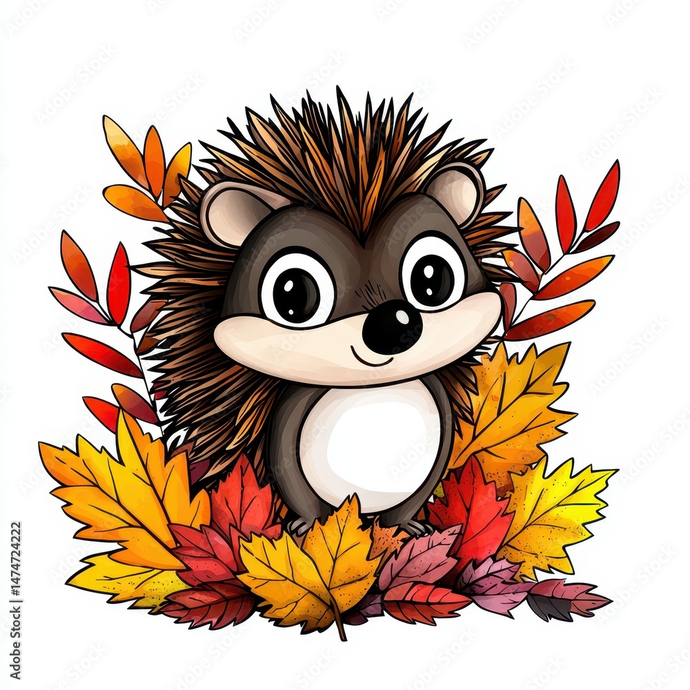 Fototapeta premium Adorable Cartoon Hedgehog Among Autumn Leaves