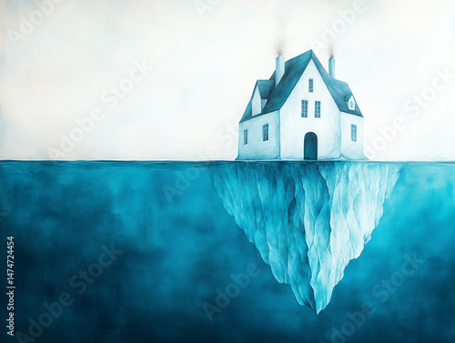 surreal floating house above submerged iceberg in a dreamlike oceanic landscape with ethereal lighting