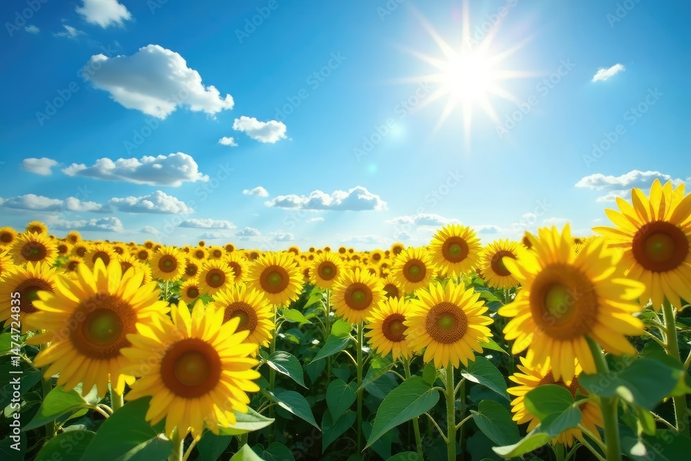 Fototapeta premium Endless field of vibrant sunflowers blooming under a bright summer sun , sunlight, expansive, clouds