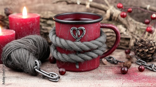 Wallpaper Mural Cozy red mug with gray rope and candles on rustic wooden surface for warm atmosphere Torontodigital.ca