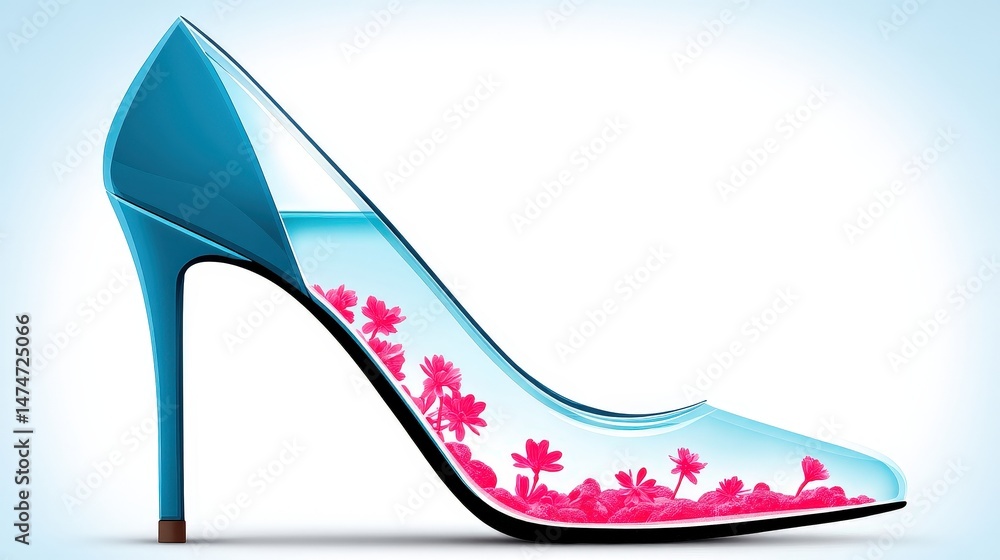 Elegant Blue High Heel Shoe with Floral Design Inside and Minimalist Background Elegant Blue High Heel Shoe with Floral Design Inside and Minimalist Background