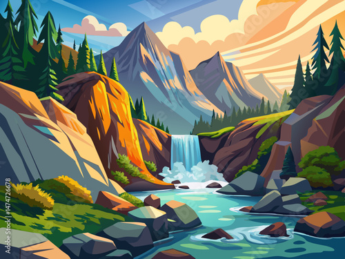 vector of Mountain river waterfall flowing between rocky banks in the Carpathian Mountains, Ukraine