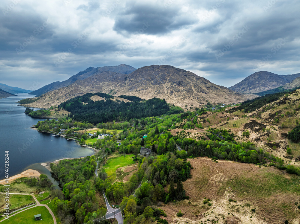Loch Shiel from a drone, Glenfinnan, River Finnan, West Highland, Scotland