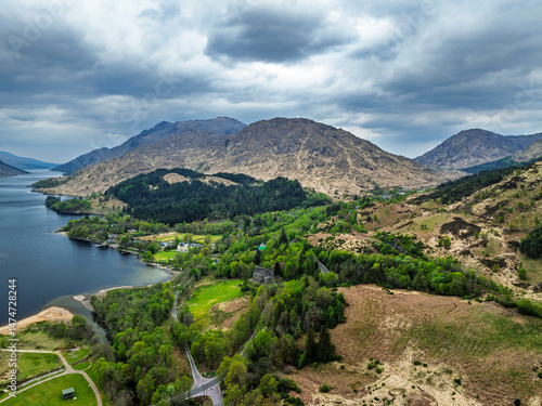 Obraz na płótnie Loch Shiel from a drone, Glenfinnan, River Finnan, West Highland, Scotland w salonie