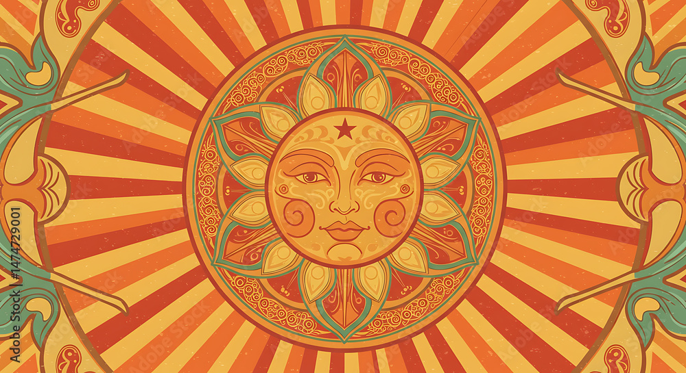 Fototapeta premium Vibrant retro mystical sun illustration against a warm orange radial burst background with ornate teal and gold psychedelic accents, concept for bohemian fashion, spiritual wellness and retro event