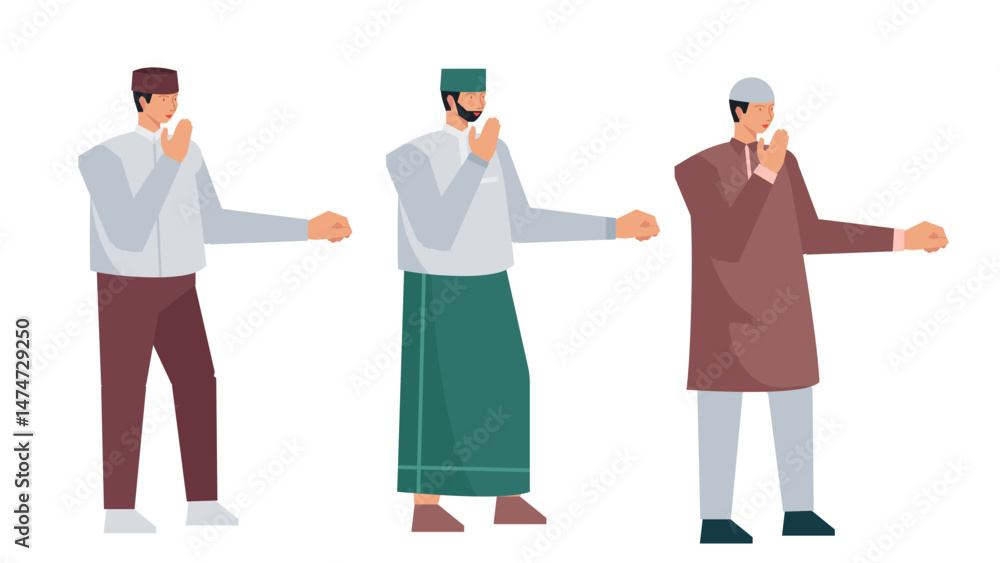 Fototapeta premium Illustration set of Islamic ramadan concept with muslim man character flat vector