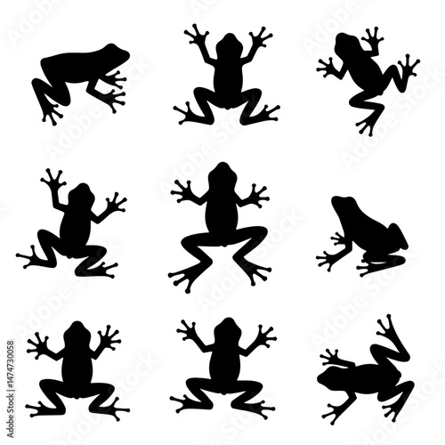 A set of black silhouettes of frogs isolated on a white background