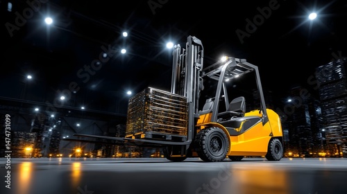 Fork truck operator skillfully maneuvering pallets dynamically in busy warehouse environment