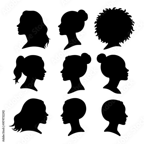 Set of female cameo silhouette head and body. Stylish women face and hair silhouette shape with black and white collection. Artistic art drawing of a woman’s face icon