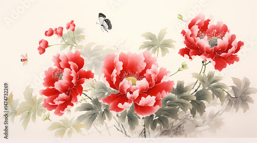 Fototapeta Naklejka Na Ścianę i Meble -  red peony and butterfly traditional painting illustration abstract background decorative painting