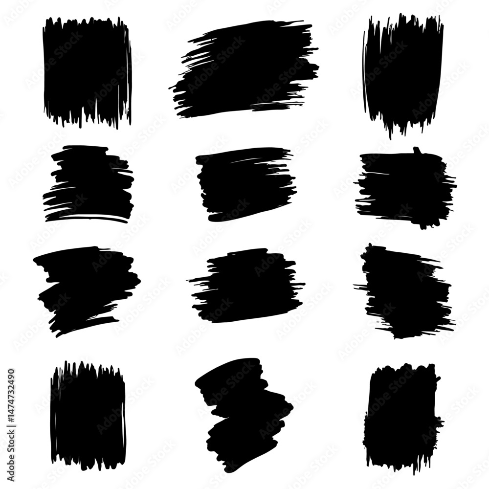  A collection of modern grungy paint brush strokes is presented, featuring calligraphy with straight smears, stamp, and lines, all hand drawn in ink and isolated on a white background with modern
