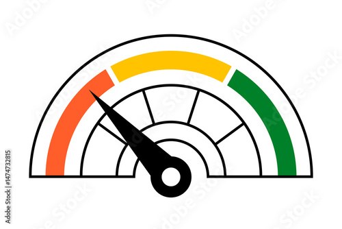 Hand drawn cute illustration of rating scale. Flat vector speedometer with three levels in colored doodle style. Credit score icon. Bad assessment. Measuring financial risks. Quality bar. Isolated.