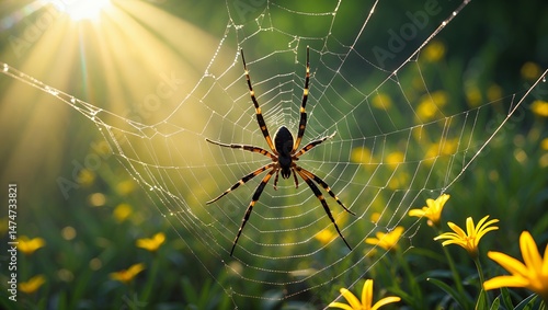 Spider weaving web among yellow flowers with bright sun in background