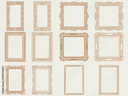 Hand drawn frames. Vintage doodle sketch picture frame. Border design and golden components design for wedding invite, menus, certificates, boutiques, spa and logo design.