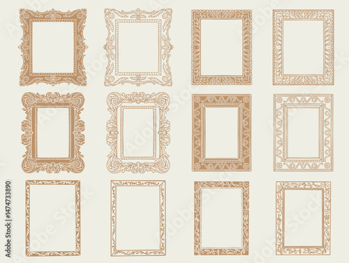 Hand drawn frames. Vintage doodle sketch picture frame. Border design and golden components design for wedding invite, menus, certificates, boutiques, spa and logo design.