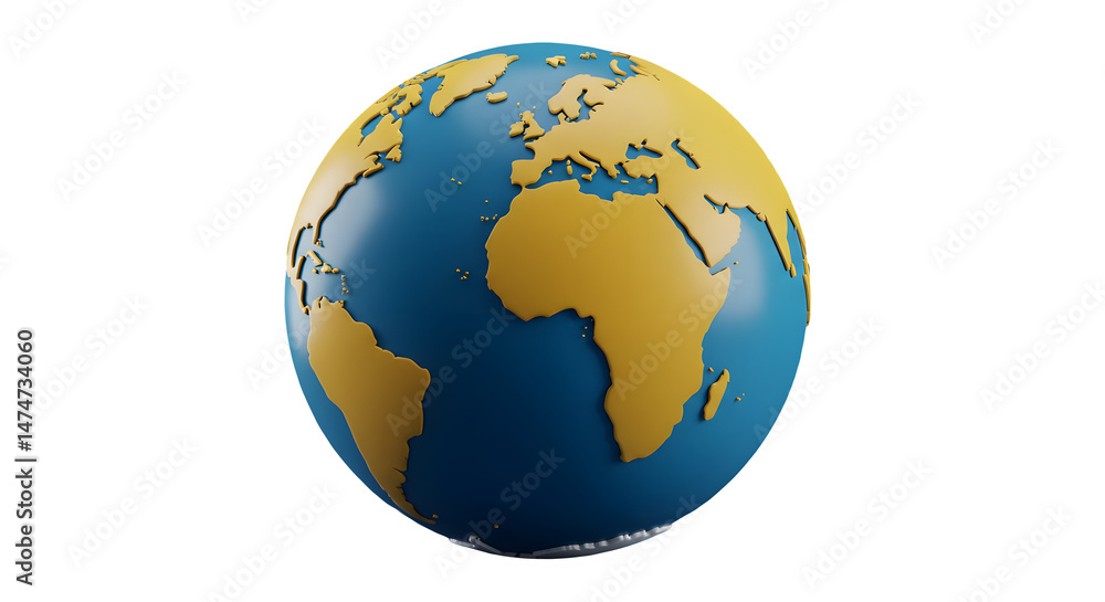 Naklejka premium Stylized 3D model of Earth, continents in yellow, oceans in blue. Isolated on white or transparent background