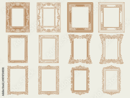 Hand drawn frames. Vintage doodle sketch picture frame. Border design and golden components design for wedding invite, menus, certificates, boutiques, spa and logo design.