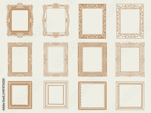Hand drawn frames. Vintage doodle sketch picture frame. Border design and golden components design for wedding invite, menus, certificates, boutiques, spa and logo design.