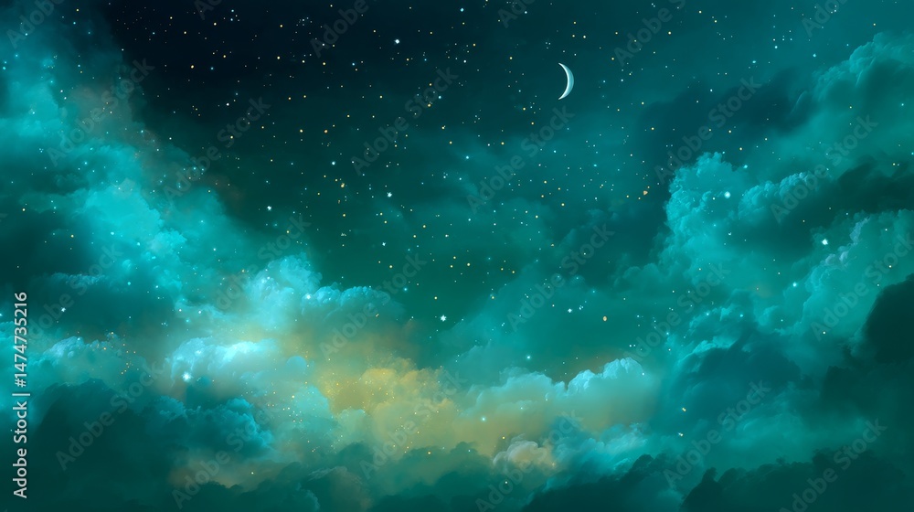 Fototapeta premium green gradient mystical moonlight sky with clouds and stars