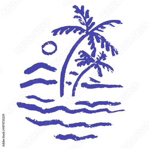 Tropic style vacation. Hand drawn sun and waves scene vector illustrations. Grunge rough doodle sketch coconut palm tree, sea and beach. Blue chalk charcoal drawings for poster, placard or print.