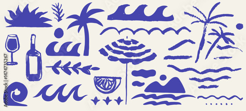 Italian greek style vacation hand drawn vector illustrations in grunge scribble rough doodle sketch style elements. Wave, surf, palm tree vacation in chalk charcoal style. Drawings for poster, placard
