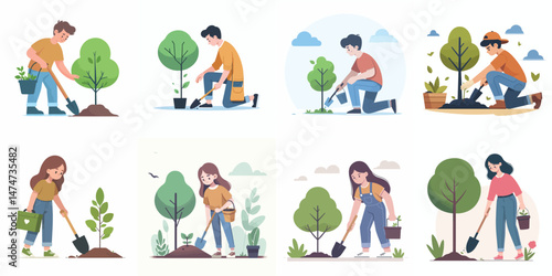 Vector Set: People Planting Trees