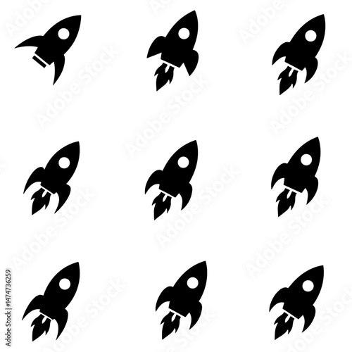 Collection of various black and white rocket ships space satellites and an astronaut icon isolated against a white background