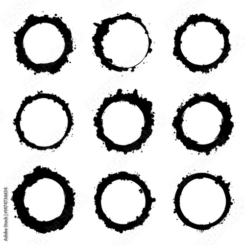 Black ink brush strokes in circles, grunge texture vector set isolated on a white background. Hand drawn circular shapes with round textures and stripes