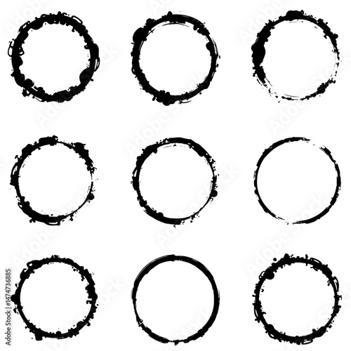 Black ink brush strokes in circles, grunge texture vector set isolated on a white background. Hand drawn circular shapes with round textures and stripes