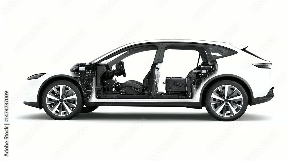 A technical cross-section of an electric crossover vehicle, isolated on white, exposing the modular battery architecture and all-wheel-drive electric motor configuration. A technical cross-section of an electric crossover vehicle, isolated on white, exposing the modular battery architecture and all-wheel-drive electric motor configuration.