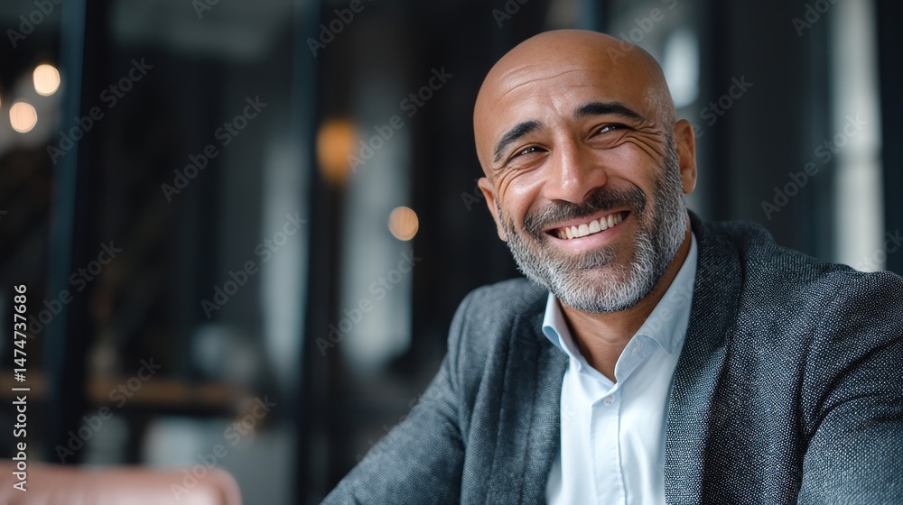 Naklejka premium Happy middle aged muslim business man ceo entrepreneur, smiling mature professional executive manager, with copy space