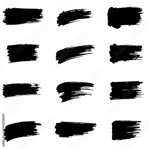  A collection of modern grungy paint brush strokes is presented, featuring calligraphy with straight smears, stamp, and lines, all hand drawn in ink and isolated on a white background with modern