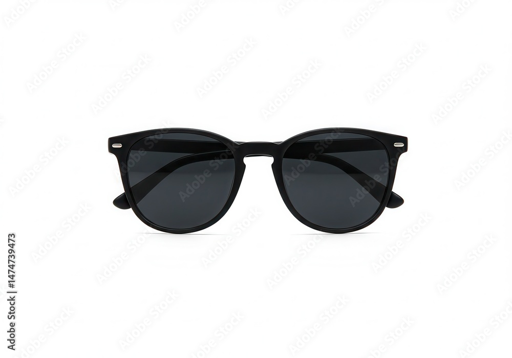 A pair of black framed sunglasses with dark lenses isolated against a white studio background view front A pair of black framed sunglasses with dark lenses isolated against a white studio background view front