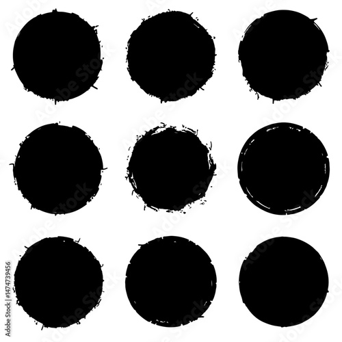 Black ink brush strokes in circles, grunge texture vector set isolated on a white background. Hand drawn circular shapes with round textures and stripes