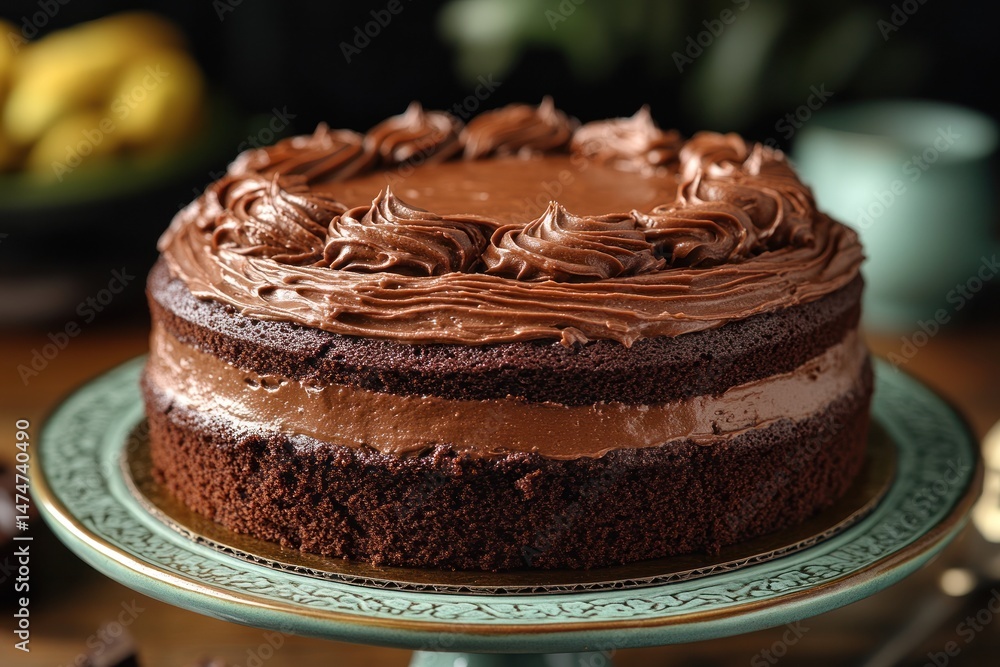 A decadent chocolate cake with a luscious brown icing layer A decadent chocolate cake with a luscious brown icing layer