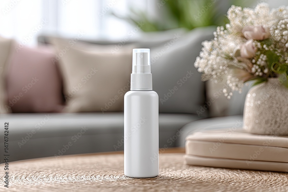 Empty spray bottle on a table, soft focus Empty spray bottle on a table, soft focus