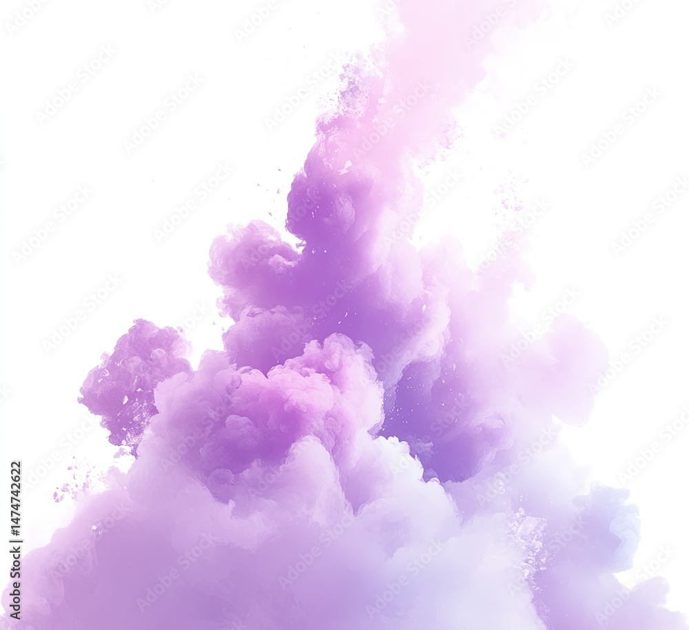 Delicate, ethereal purple and pink cloud-like ink explosion against a stark white background. Soft, swirling, and diffused shapes of color create a gentle, abstract scene Delicate, ethereal purple and pink cloud-like ink explosion against a stark white background. Soft, swirling, and diffused shapes of color create a gentle, abstract scene