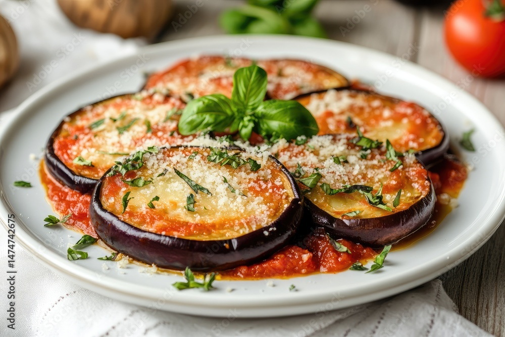 Roasted eggplant slices in tomato sauce, topped with cheese and herbs Roasted eggplant slices in tomato sauce, topped with cheese and herbs