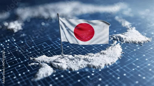 Japanese flag on digital grid with blue background, merging tradition and modern tech. Gion Matsuri, Kanda Matsuri, Bonn Festival, Japan Flags