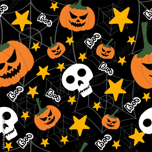Halloween Pumpkin Skull Pattern on Black Background  
