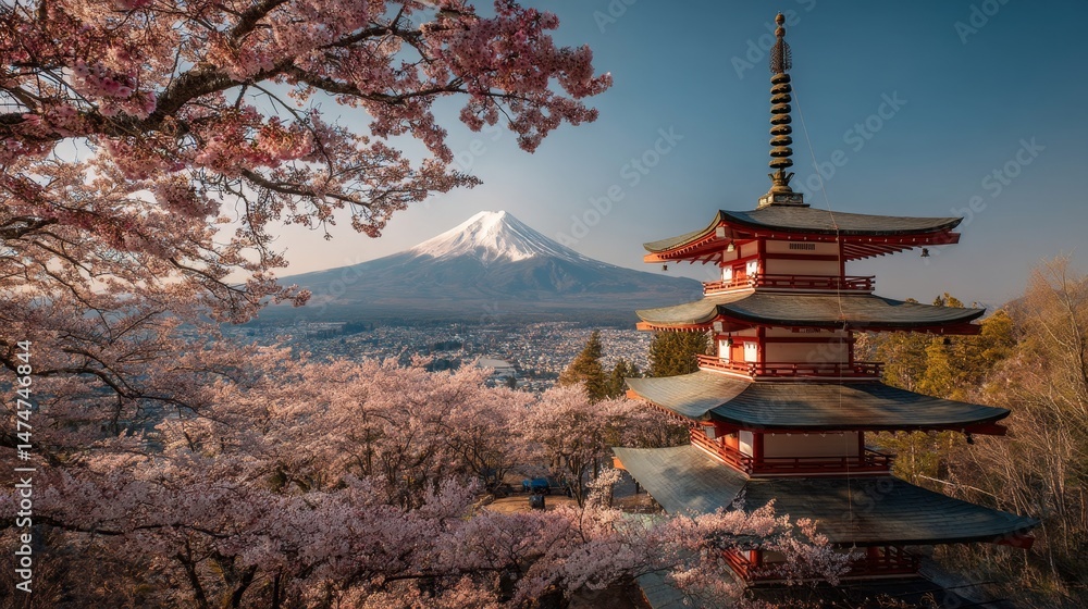 Obraz premium Japan at Chureito Pagoda and Mt. Fuji in the spring with cherry blossoms
