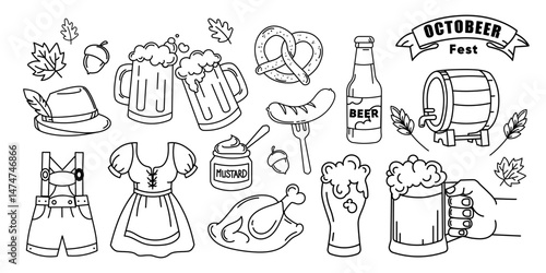 Oktober fest Doodle Icons Set with Beer, Pretzel, and Sausage Vector illustration. Beer festival set with beer mugs, pretzel, sausage, mustard, chicken, beer barrel, traditional German clothing